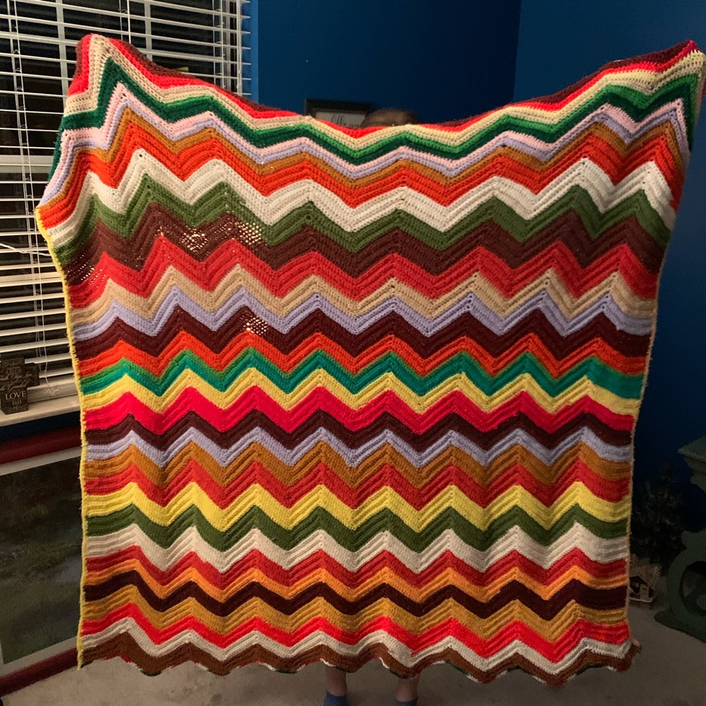 Vintage Used Handmade Crochet Blanket, Chevron